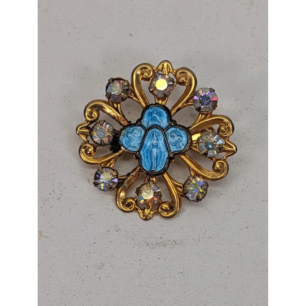 Vintage Religious Brooch Gold Tone Blue Enamel Aurora Borealis Rhinestone Pin